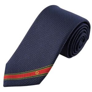Gucci The Ricand Woven 100% Silk Tie Navy Green Red Stripe